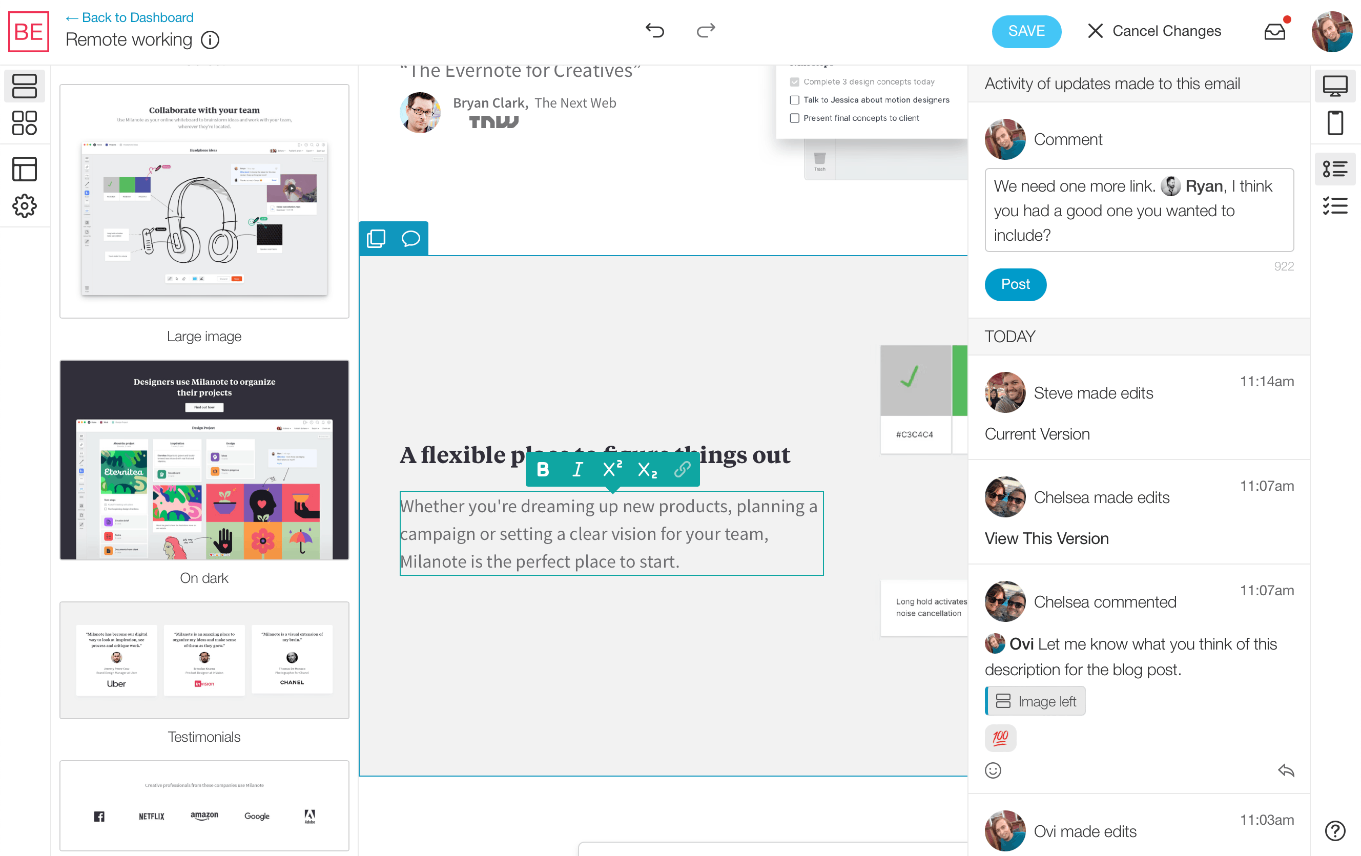 Blocks Edit screenshot of the visual editor with the team comments in the activity panel